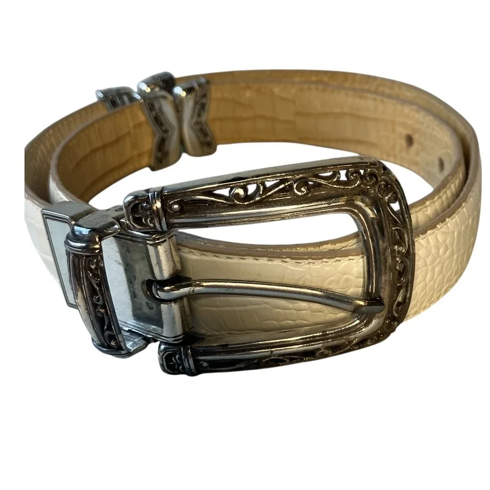 Brighton Reversible Croc‎ Embossed Leather Belt Tan White Silver Buckle M 30